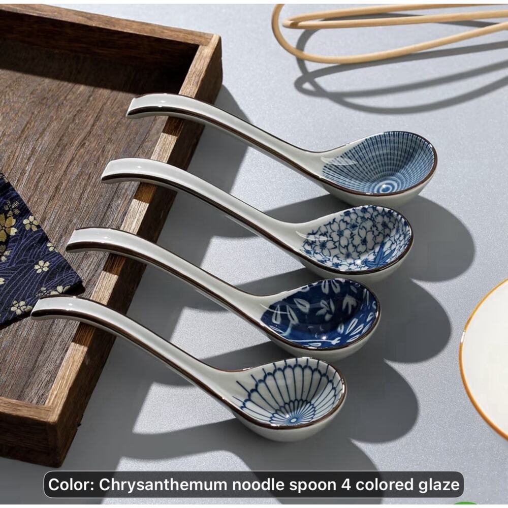 Blue and White Soup Spoons Set A Four Pieces Ceramic New In Package